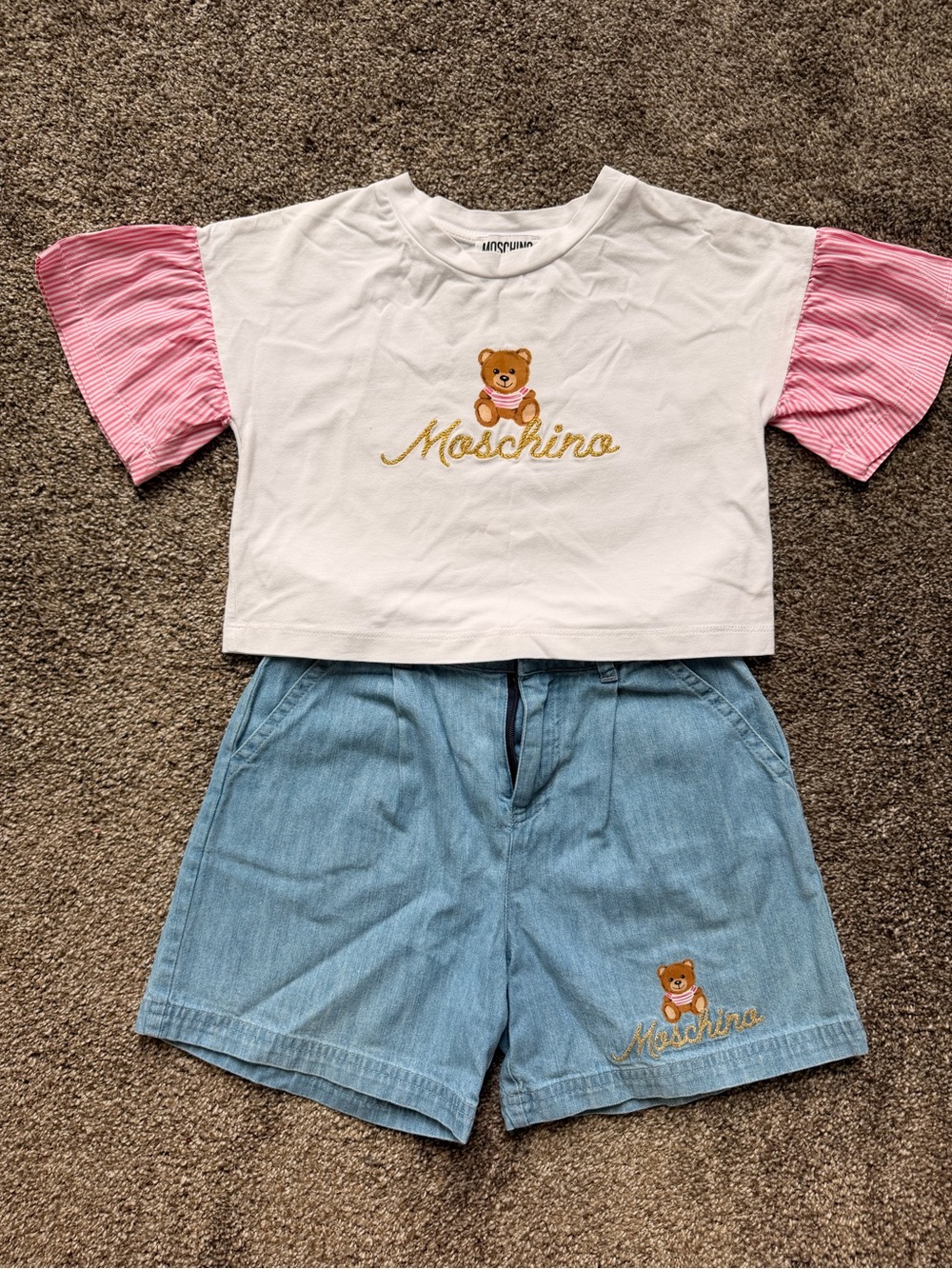 Moschino White Tee with Pink Puff Sleeves & Gold Teddy Logo and Shorts